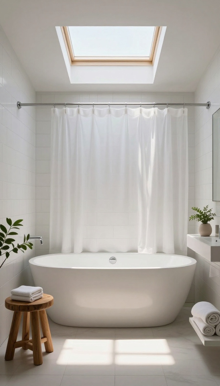 A bright bathroom with a tub-shower combo and a skylight above, creating a serene, spa-like atmosphere.