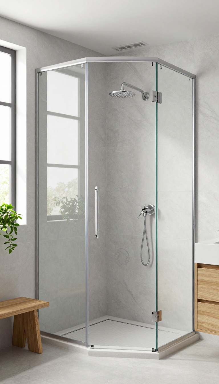 Frameless glass shower enclosure in a bright, modern bathroom with marble tiles and a rain showerhead