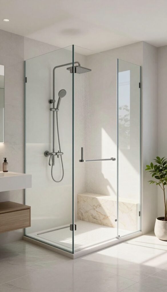 Frameless glass shower enclosure in a bright, modern bathroom with natural light
