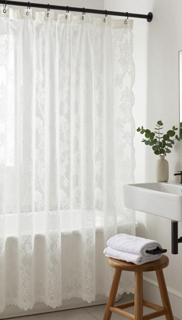 Vintage lace shower curtain in a bright modern bathroom with matte black fixtures and natural light