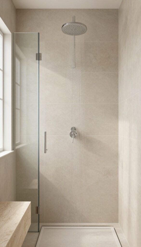 Modern bathroom shower with vertical stacked tiles in a warm neutral tone, creating a sense of height and openness.
