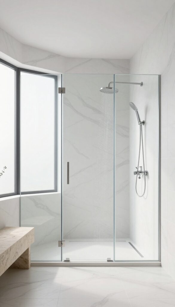 Modern shower with large-format veined tiles and glass enclosure in bright natural light