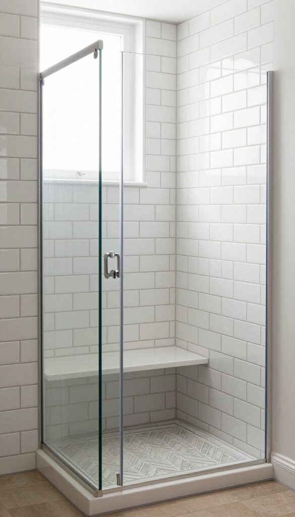 Walk-in shower with subway tile and a built-in niche seat featuring herringbone accent