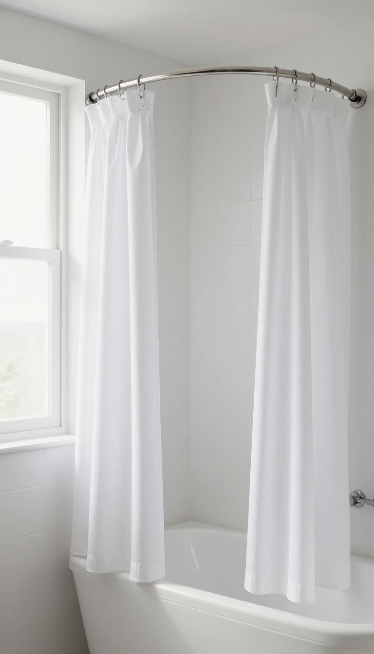 Curved shower curtain rod in a bright bathroom