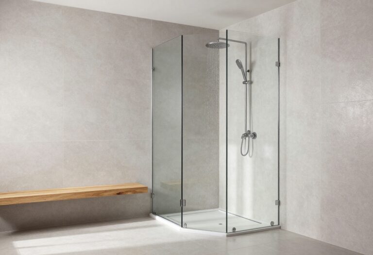Modern bathroom shower with polished gray porcelain tiles and glass enclosure