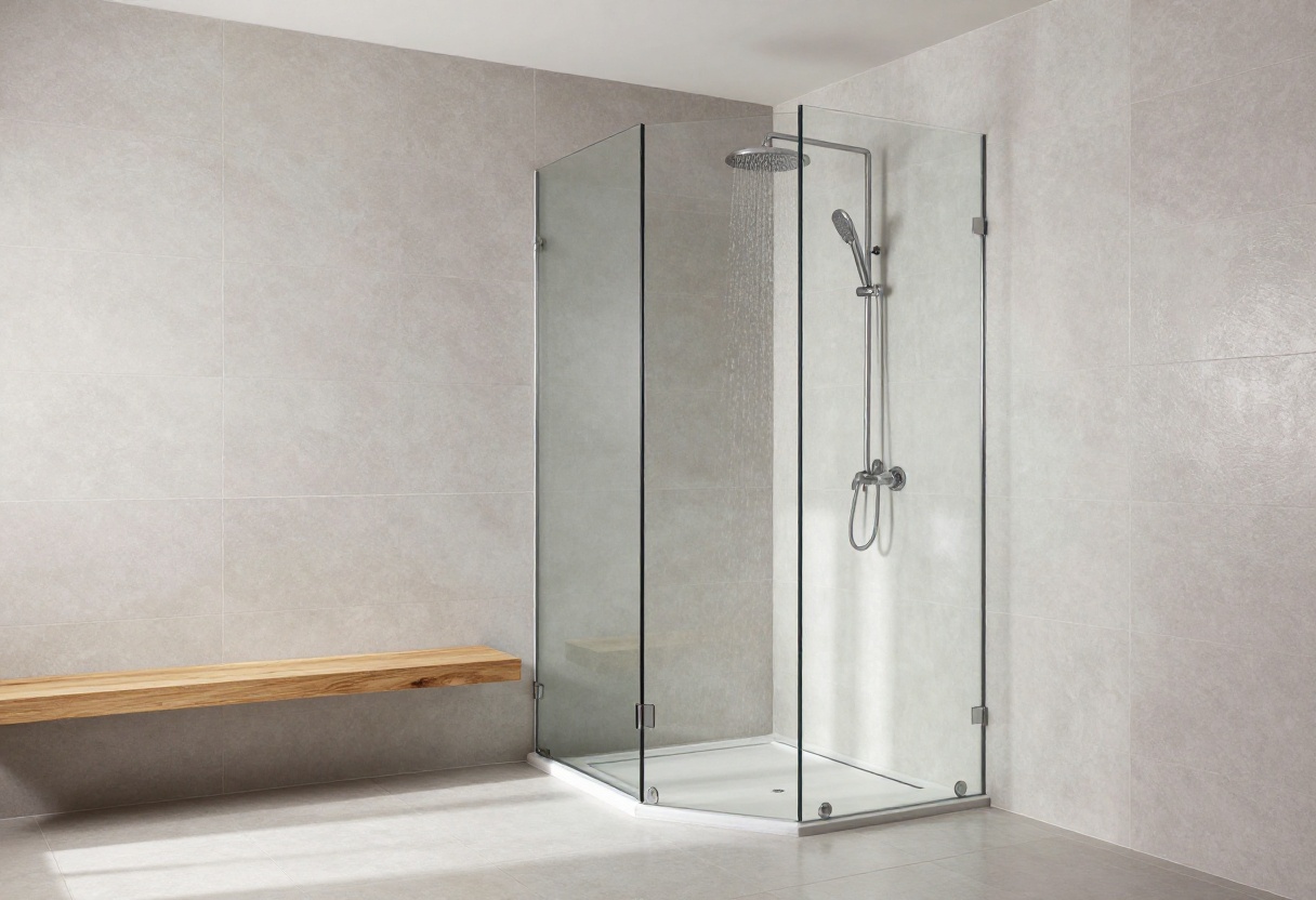 Modern bathroom shower with polished gray porcelain tiles and glass enclosure