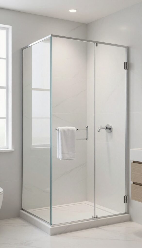 Modern bathroom shower with large-format porcelain slab curb, minimal grout lines, bright natural light
