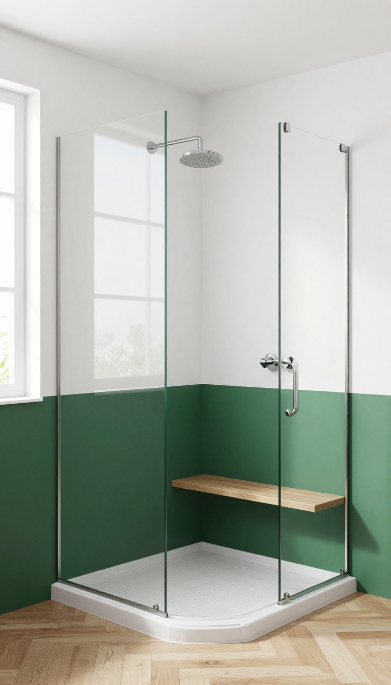 Modern bathroom with a two-tone painted half wall in a shower, featuring deep green lower half and white upper half, with natural light.