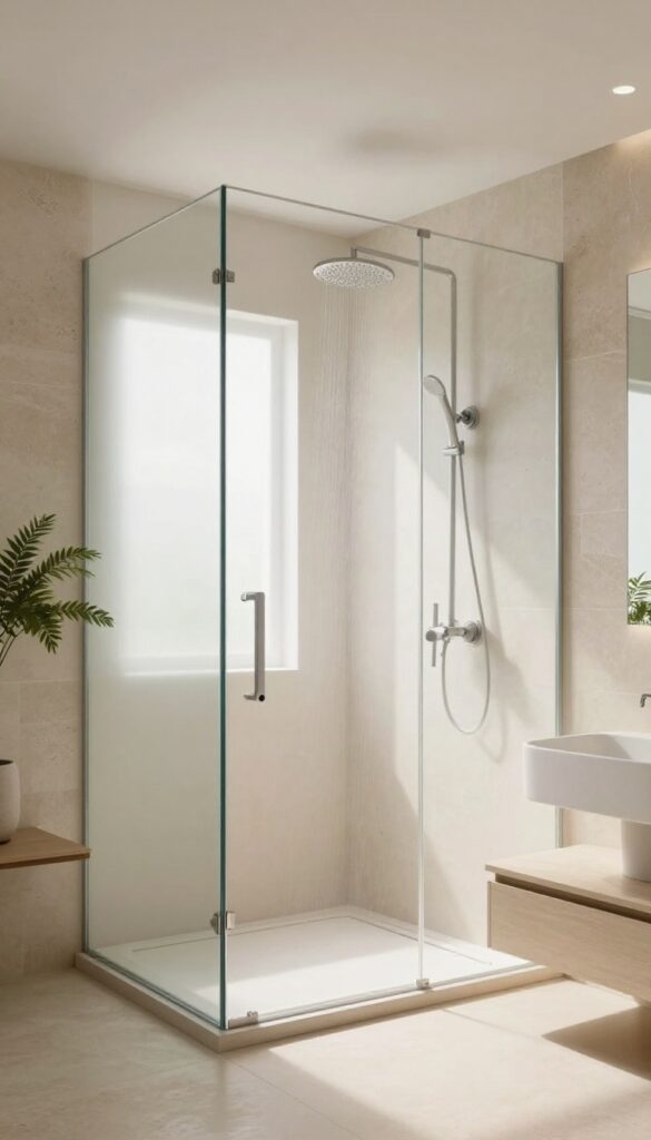 Bright bathroom with a walk-in shower featuring a frosted glass block wall for privacy and natural light.
