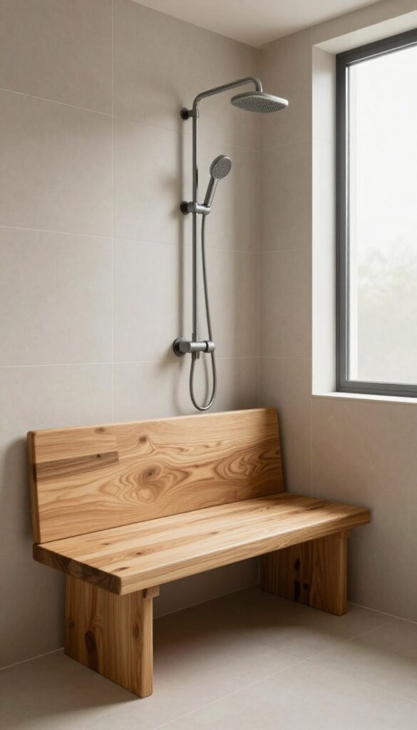 Teak shower bench with backrest and armrests in a bright, modern bathroom