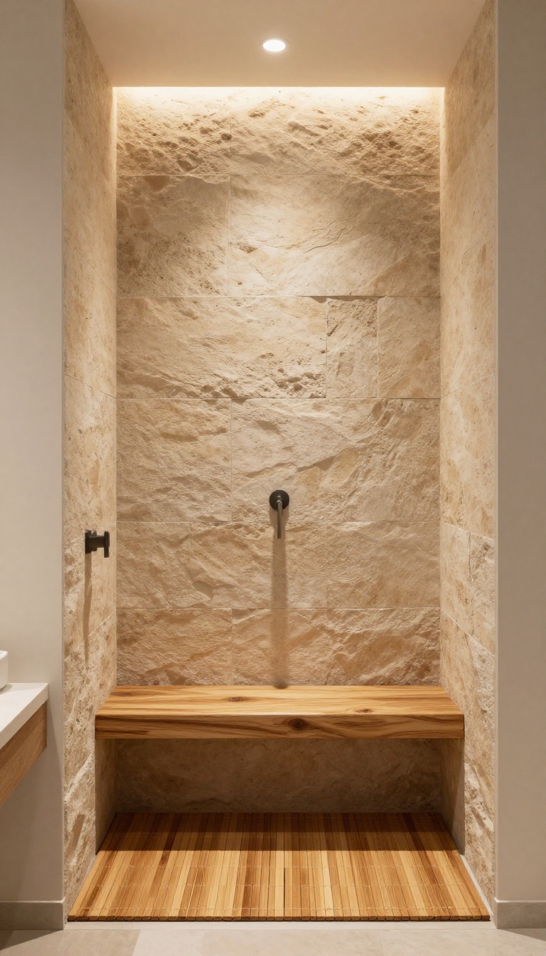 Spa-inspired shower with textured stone half wall and teak wood bench