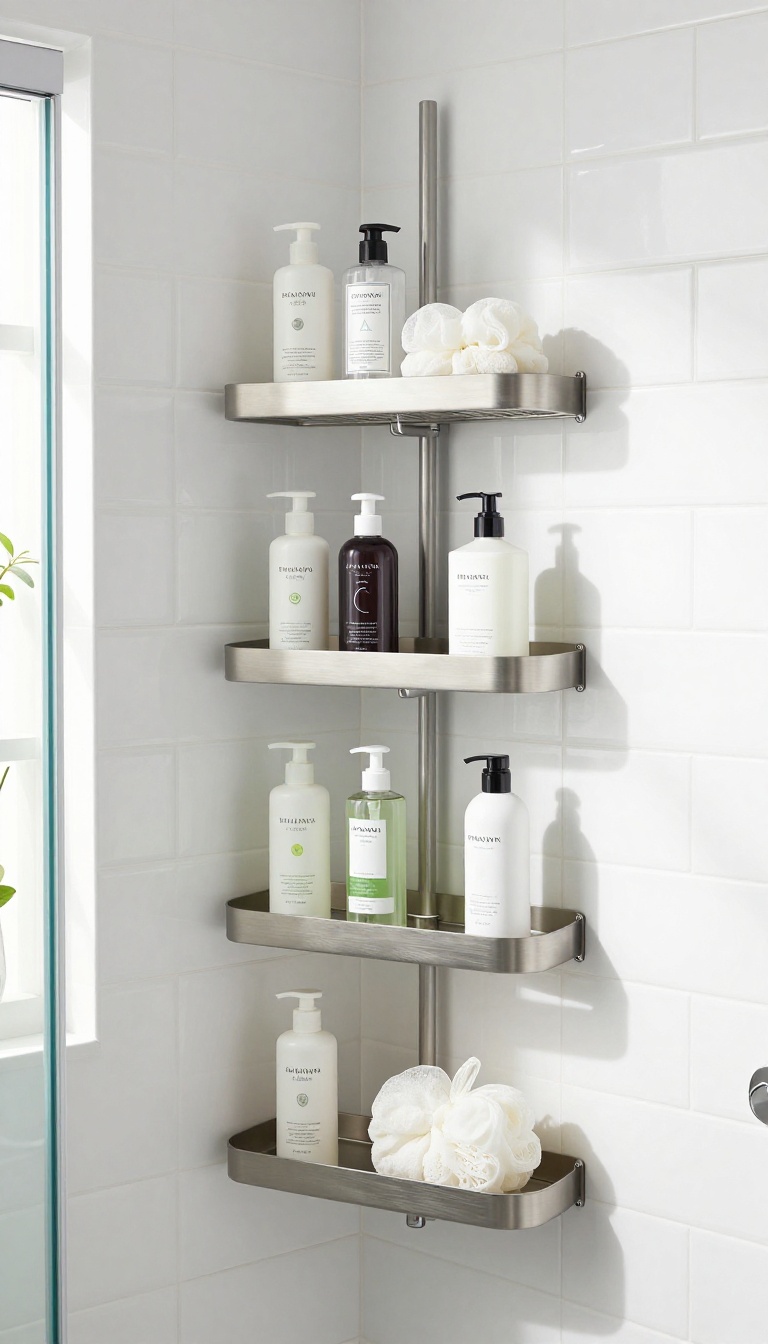 Modern shower corner with a rust-proof aluminum caddy holding toiletries on white subway tiles
