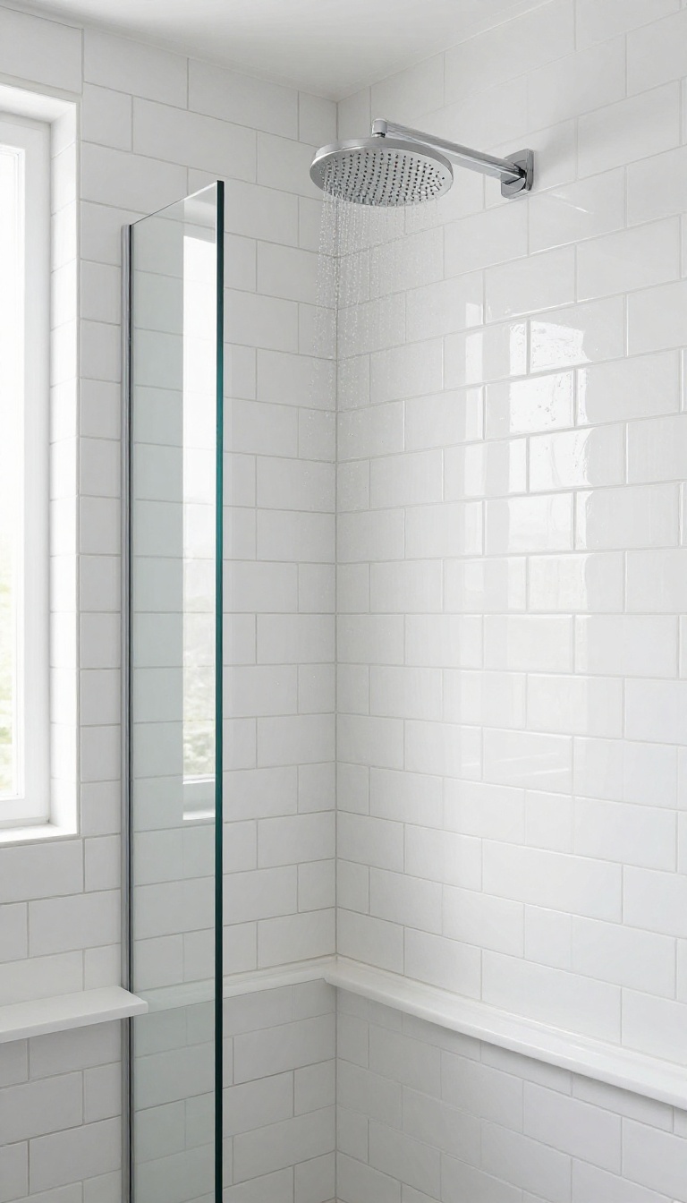 Glossy white subway tile shower with dark grout in a bright modern bathroom
