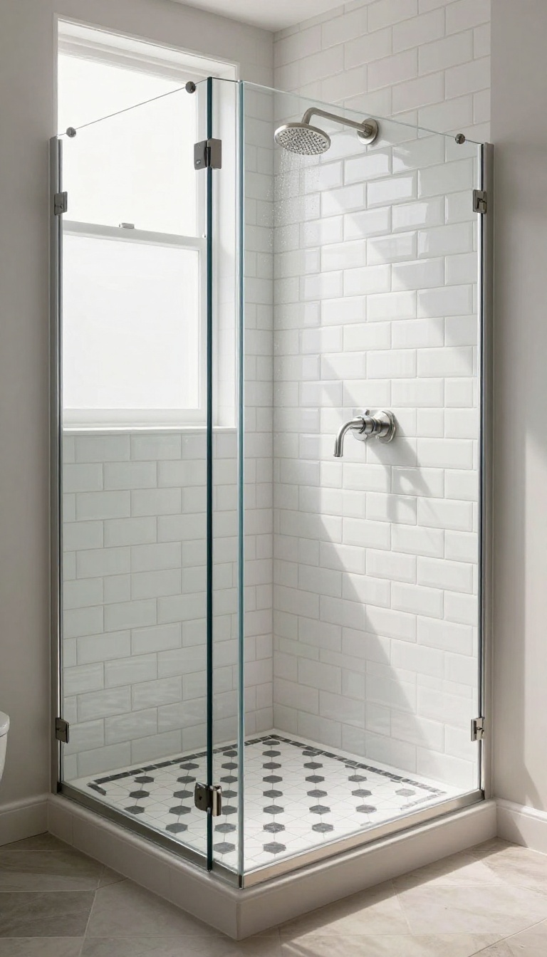 Modern shower with white hexagon floor tiles and subway wall tiles, featuring dark grout and natural light.