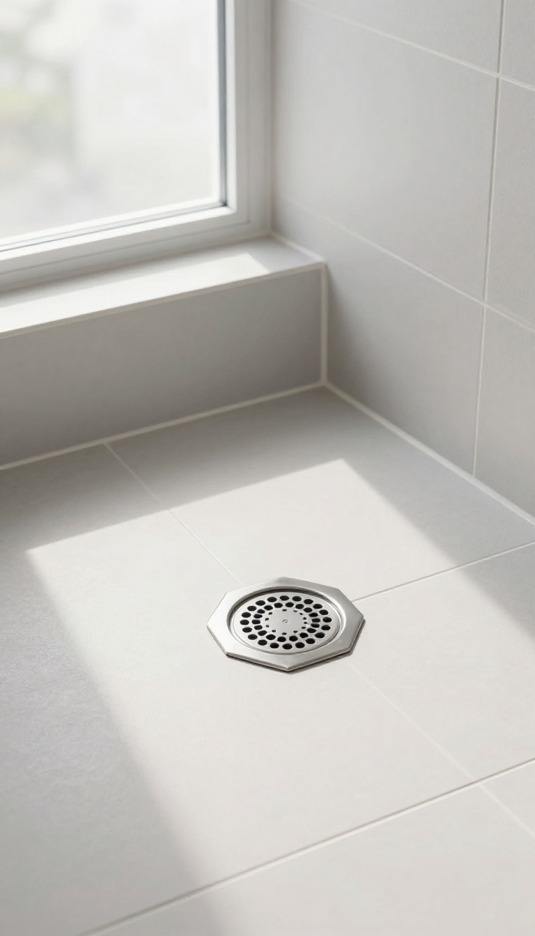 Modern shower floor with a hexagonal patterned stainless steel drain grate in a bright minimalist bathroom