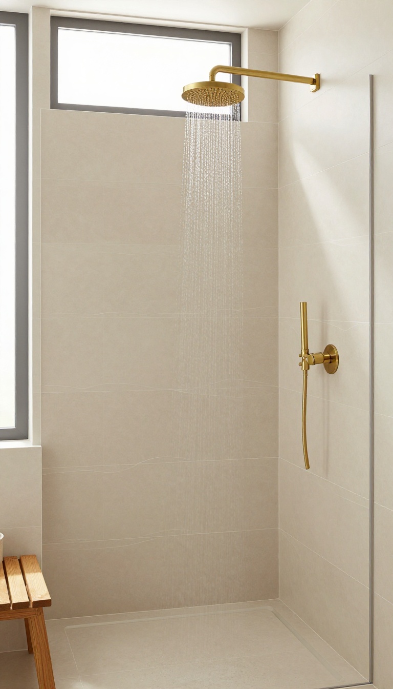 Seamless satin-finish matte tiles in a luxury shower with warm beige tones, subtle wave pattern, and brushed brass fixtures