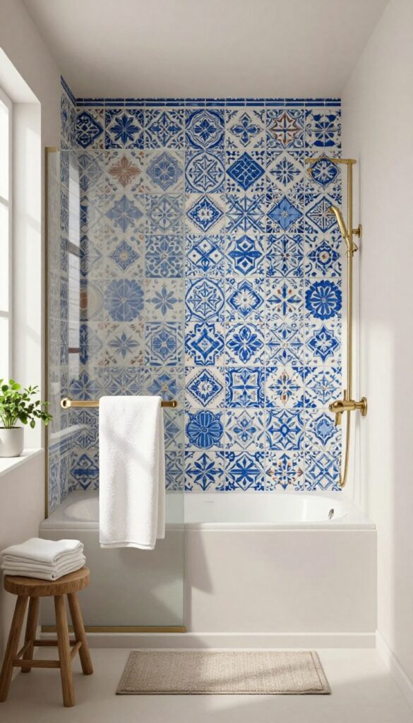 Bold patterned tiles as a focal point in a tub shower, with blue and white Moroccan-inspired encaustic tiles on an accent wall, neutral walls, and natural light.