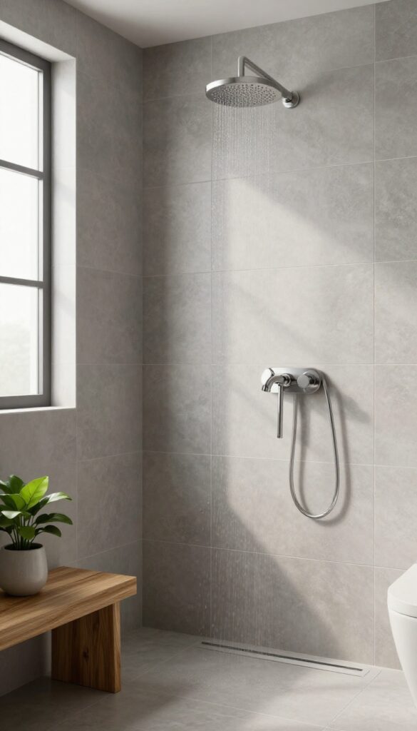Seamless large-format grey porcelain shower tiles with a warm greige matte finish, creating a modern spa-like bathroom.
