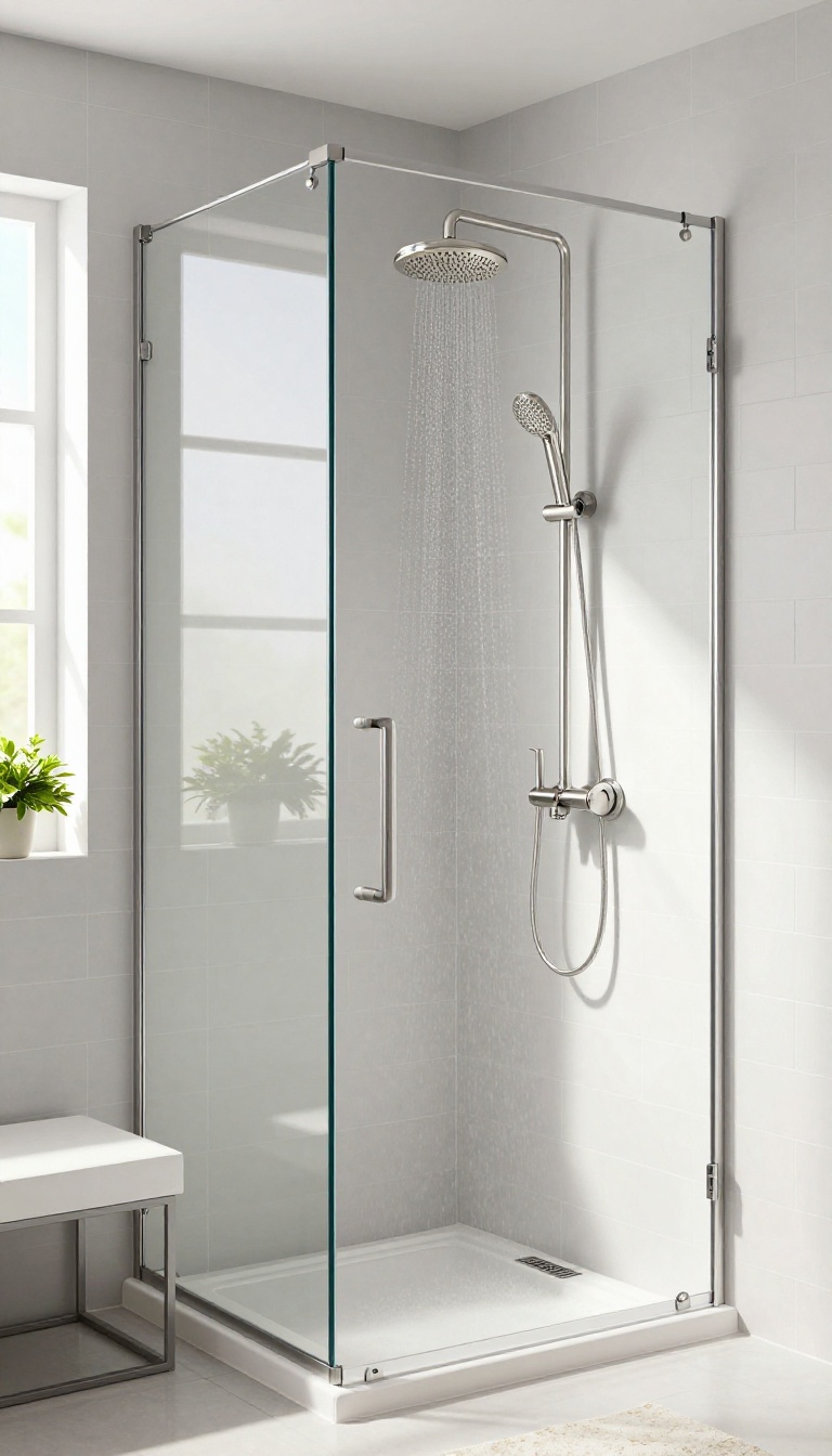 Modern shower with unified brushed nickel fixtures and bright natural light