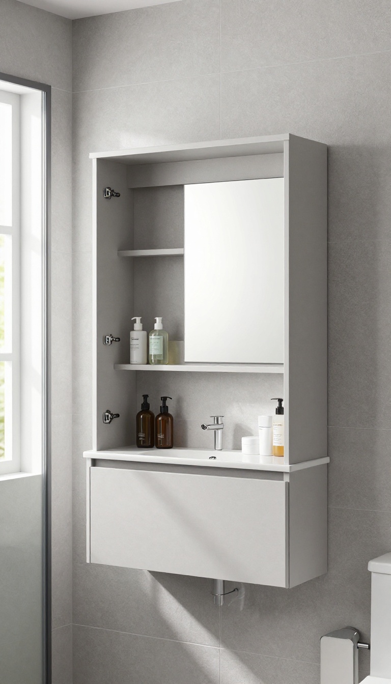 Recessed medicine cabinet with mirror in a bright, modern shower room, showing flush installation and open door with toiletries inside