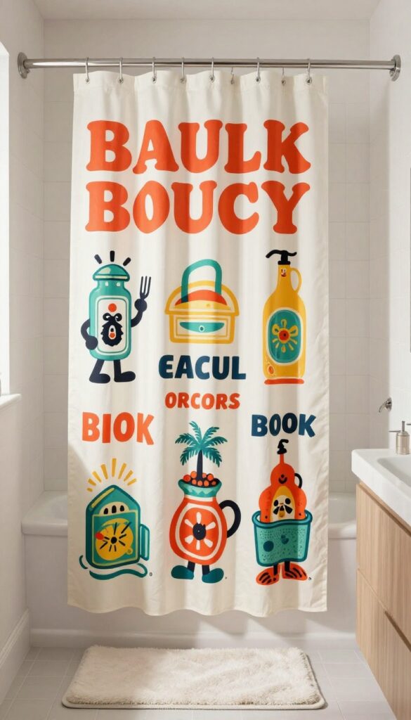 Bathroom with vintage advertisement reproduction shower curtain, mid-century style, simple accessories, bright natural light