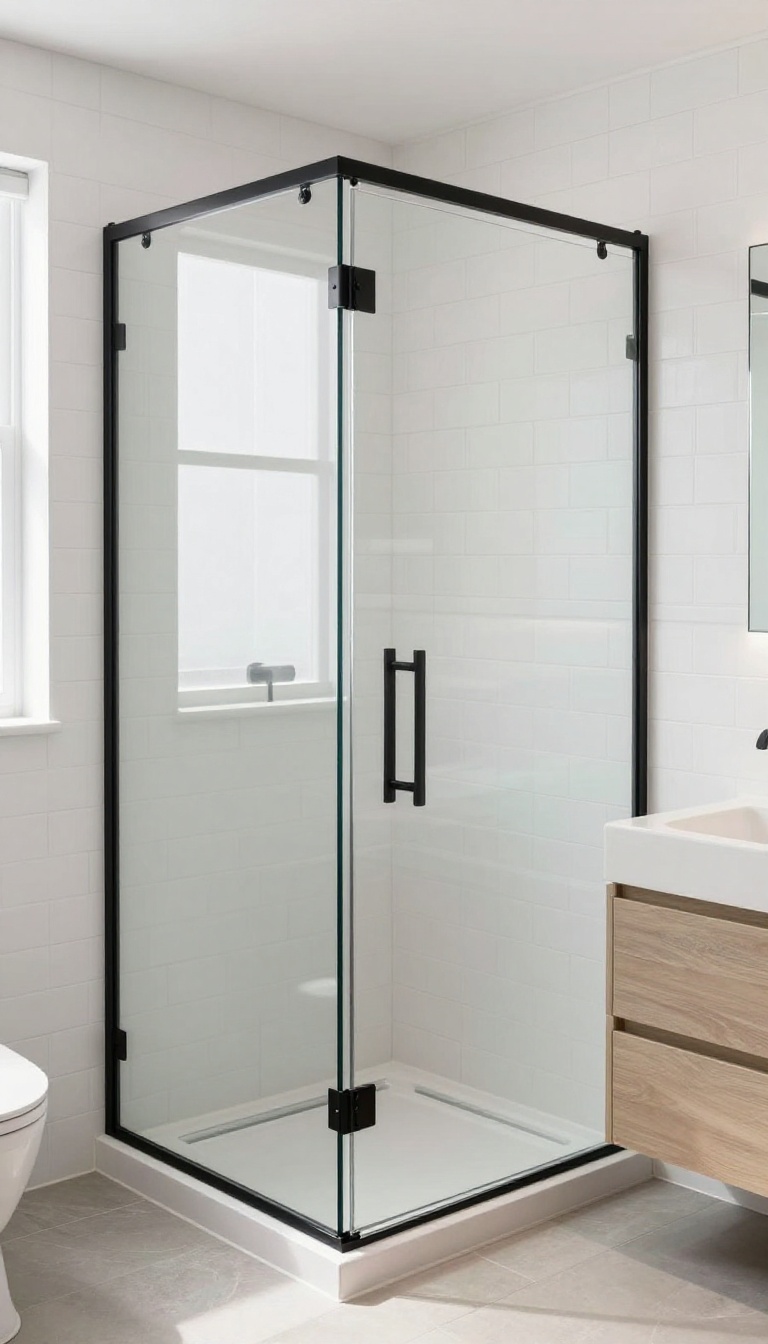 Black-framed glass shower enclosure in a modern bathroom with white subway tile and light gray stone, industrial edge design.