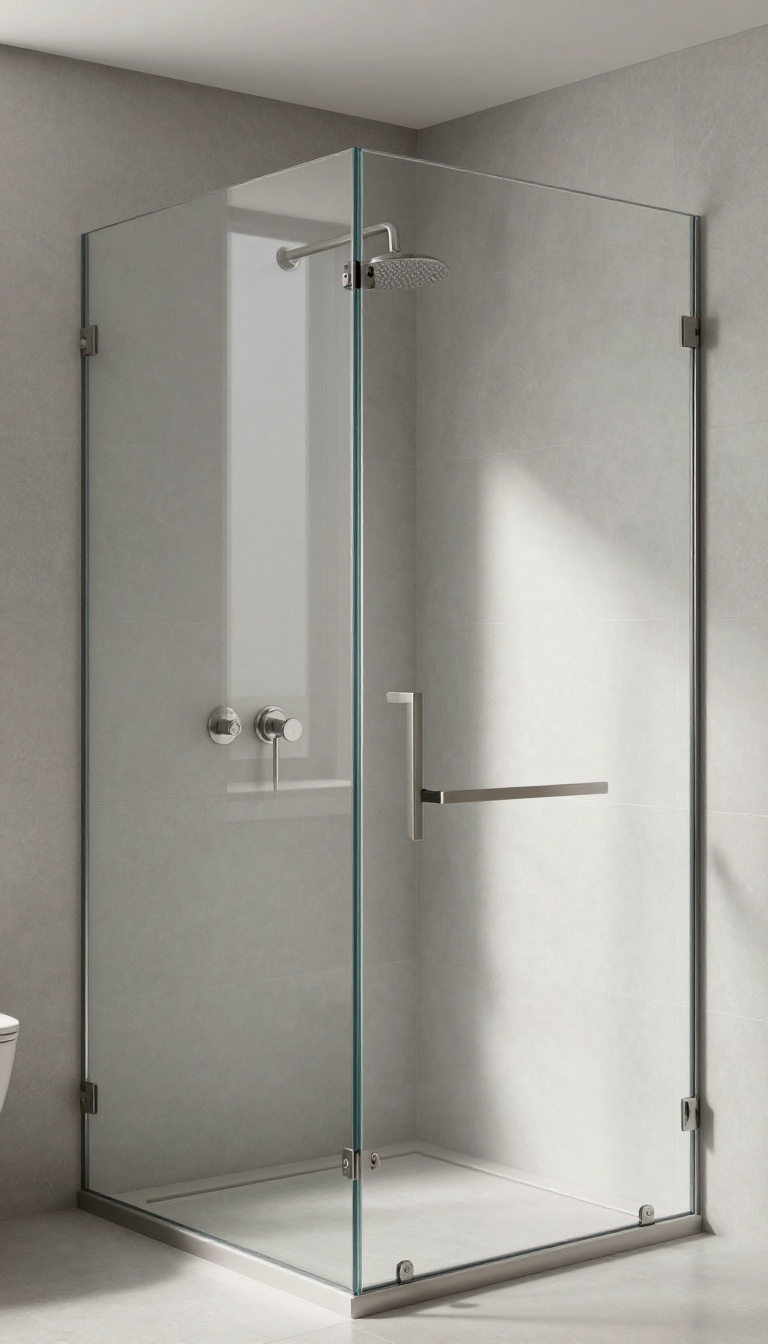 Modern master bathroom with frameless glass shower, large gray tiles, and natural light