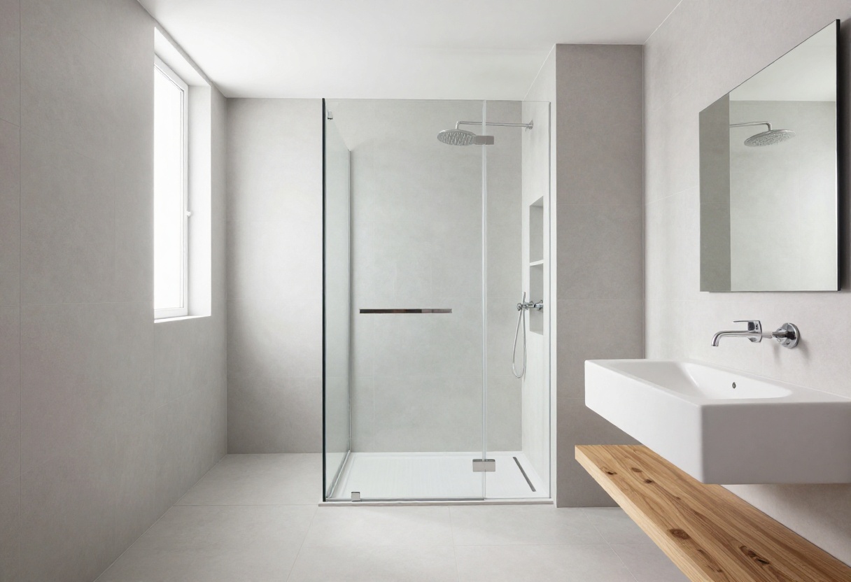 Modern shower-only bathroom with curbless walk-in shower and frameless glass