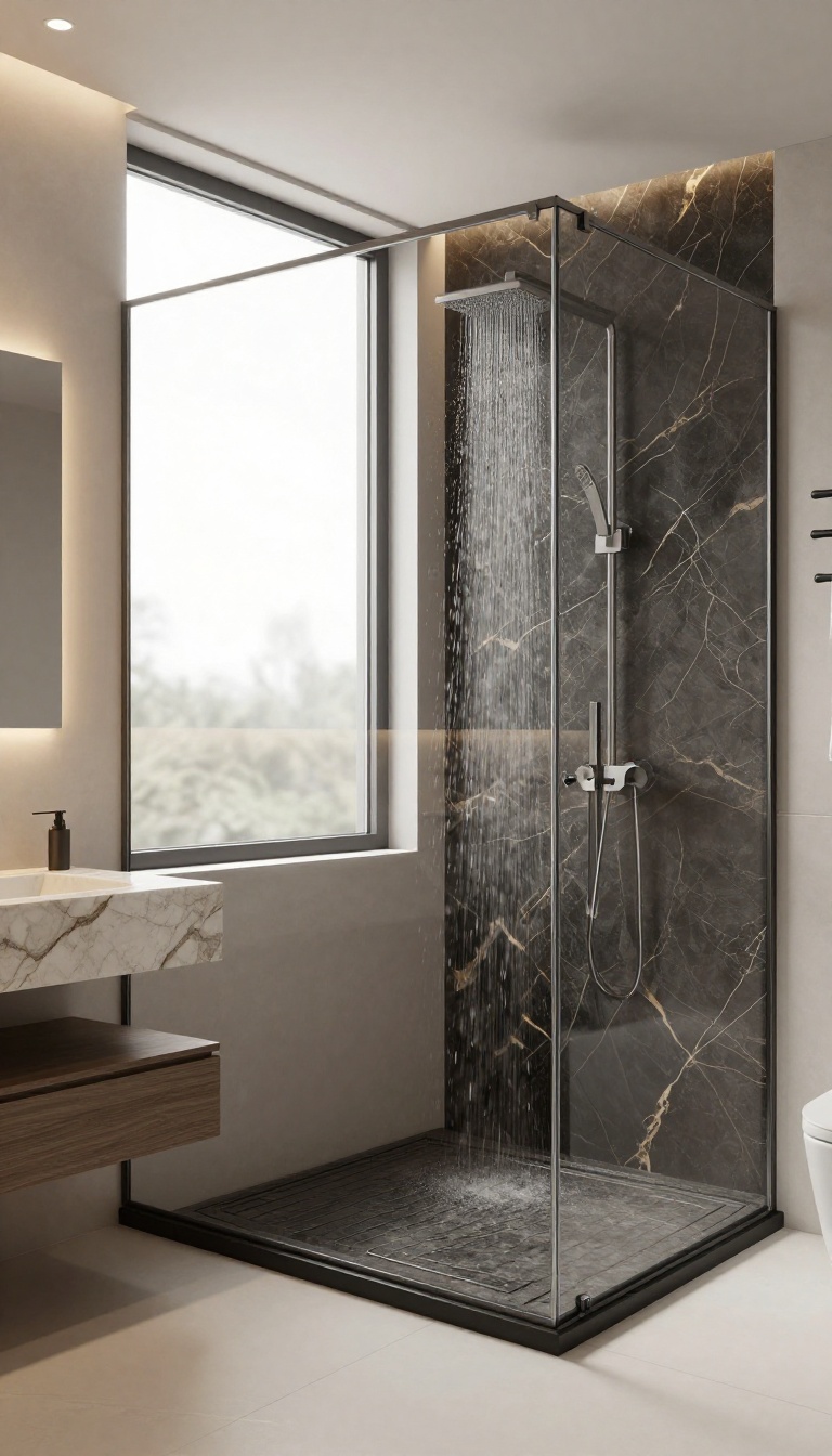 Curbless shower with onyx stone flooring flowing seamlessly into the bathroom