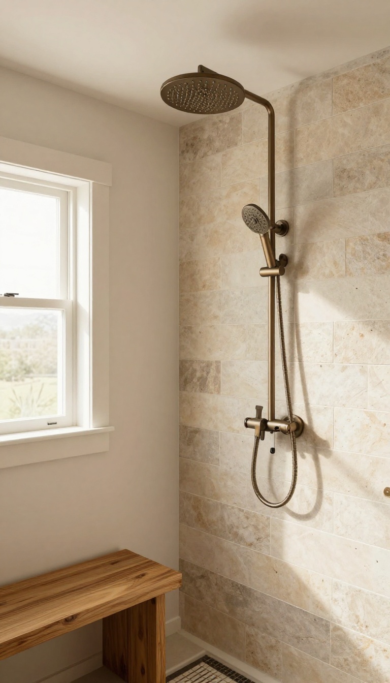 Freestanding bronze rain showerhead in a farmhouse walk-in shower with shiplap walls and natural stone tiles.