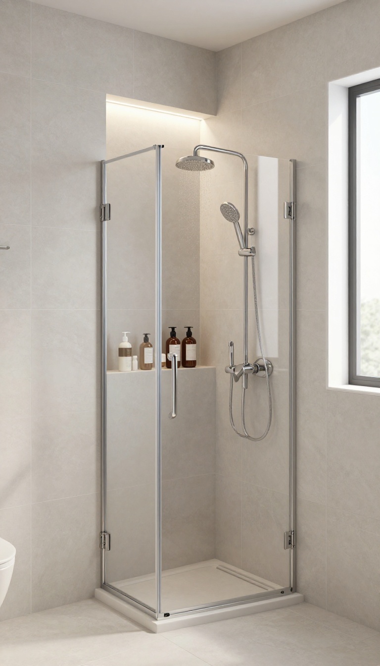 Corner shower with built-in storage niches in a small bright bathroom
