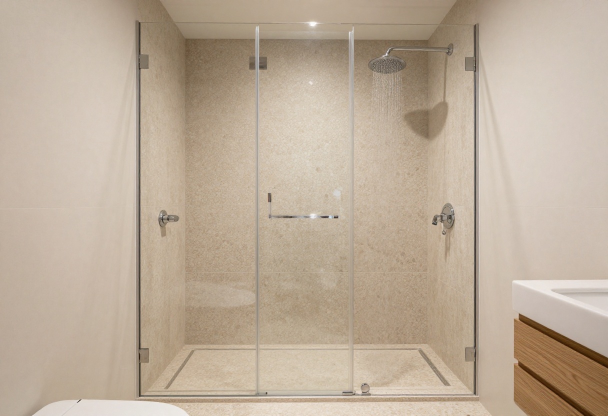 Modern bathroom with a pebble tile shower floor and glass enclosure
