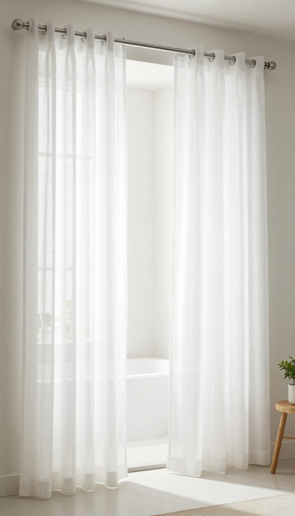 Double shower curtains on a single rod with rings in a bright, airy bathroom