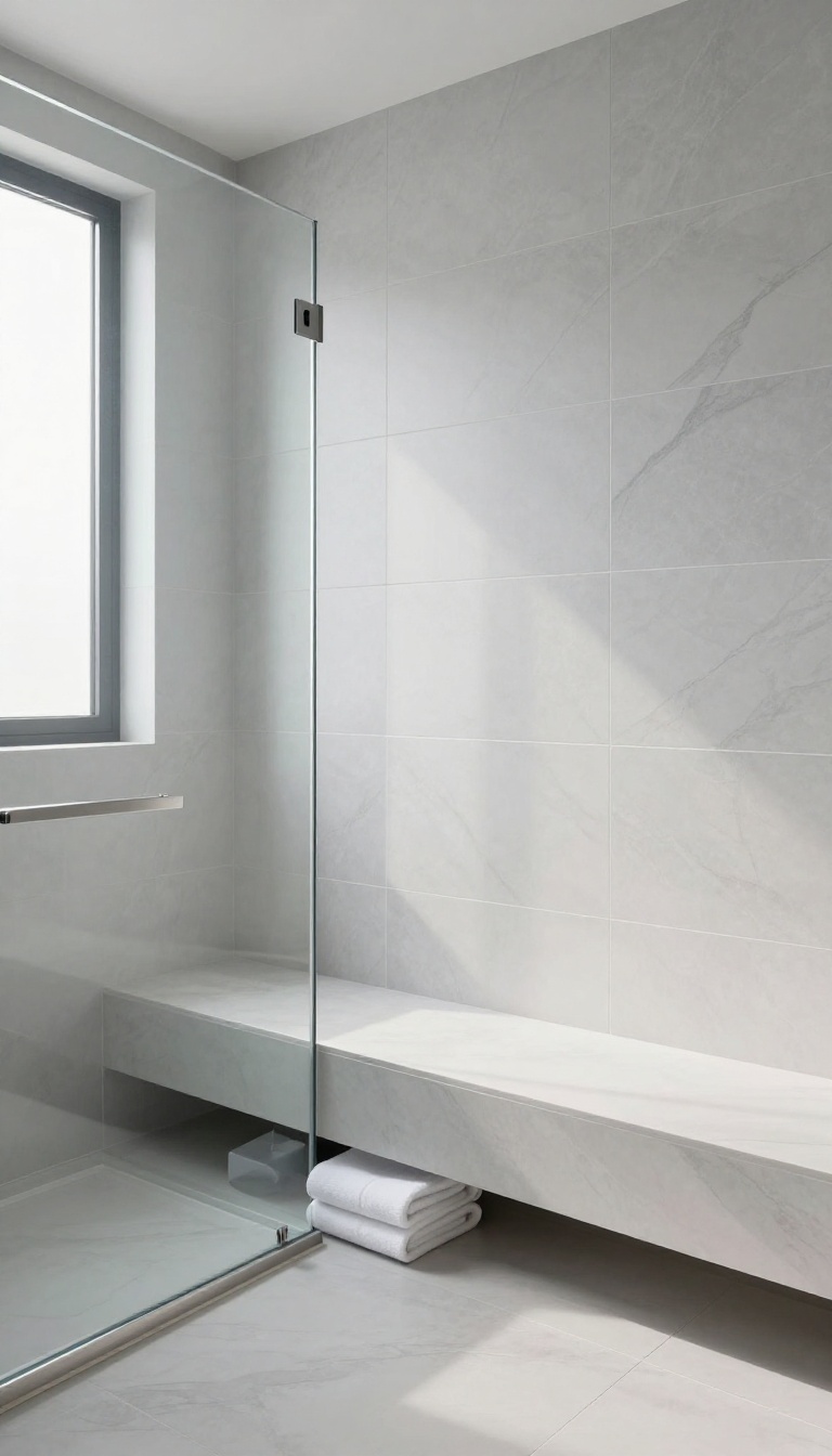 Floating pony wall with built-in bench in a modern shower