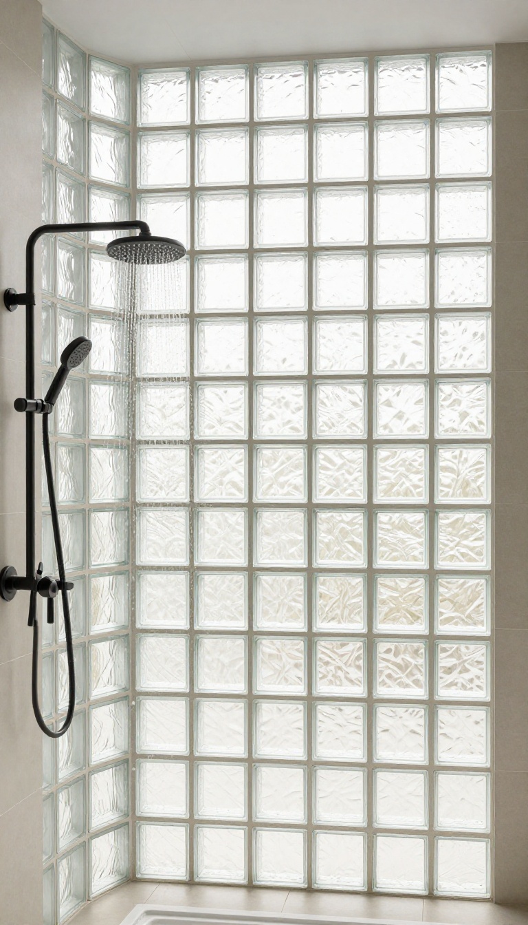 Modern bathroom with a glass block accent wall in the shower, creating a vintage-inspired, light-diffusing partition.