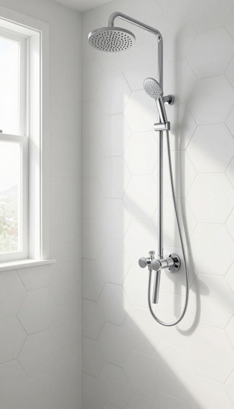 White hexagon tiles with dark grout in a modern shower