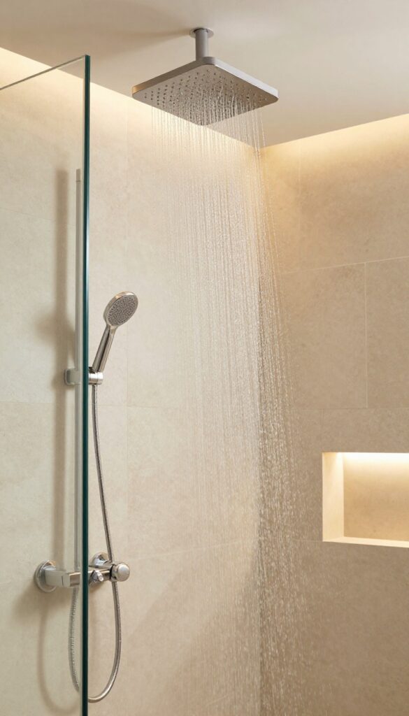 Modern bathroom with a rain shower head providing a spa-like shower experience