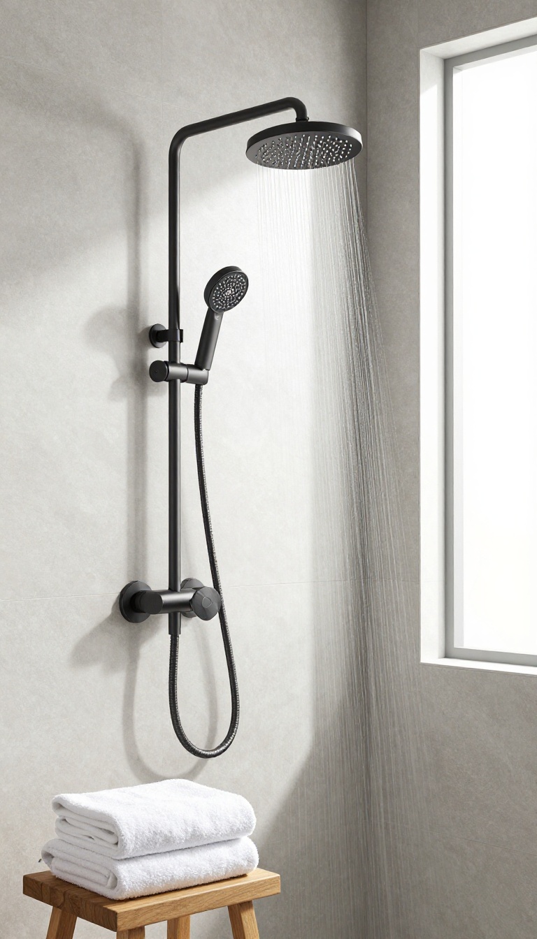 Modern zero entry shower with matte black and brushed nickel fixtures, light gray tiles, and glass partition in bright natural light.