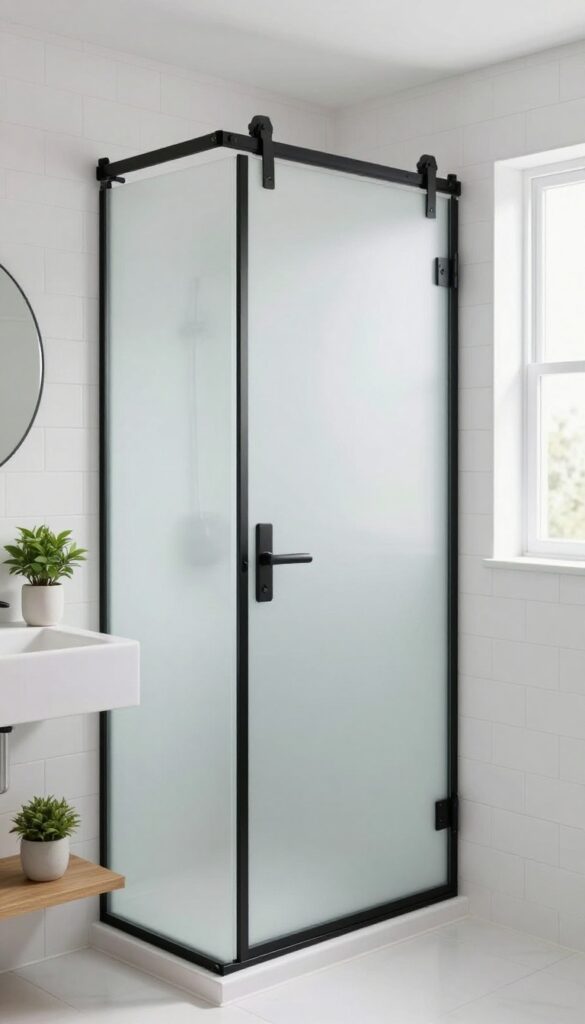 Small bathroom with sliding barn door shower enclosure, frosted glass and matte black hardware, bright natural light, modern farmhouse style