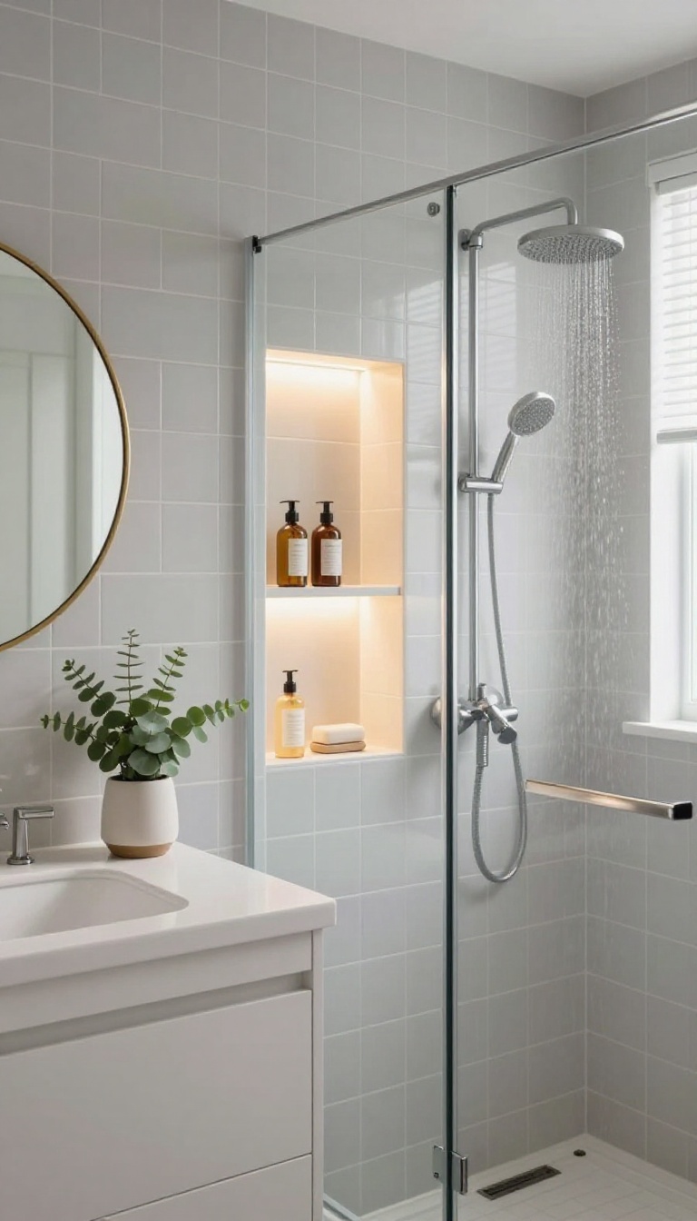 A bathroom shower with a glowing tile niche and warm LED lighting, creating a spa-like atmosphere.