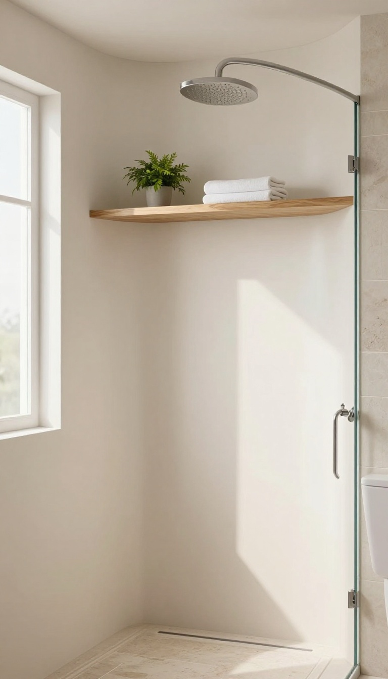 Modern bathroom with a curved half wall separating the shower, featuring a wooden shelf and soft natural light.