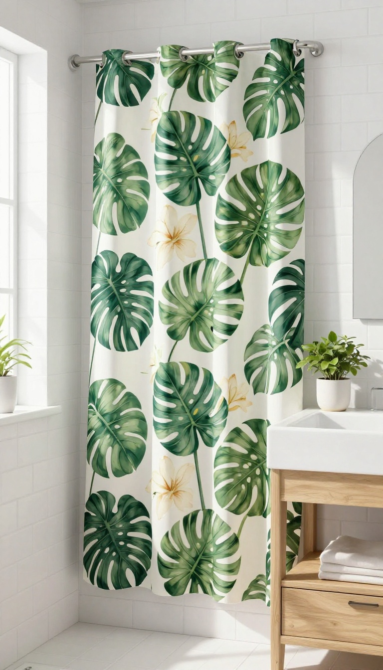 High shower curtain with bold botanical print in a bright, neutral bathroom