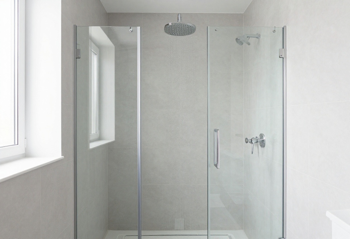 Small bathroom with glass shower and floating vanity