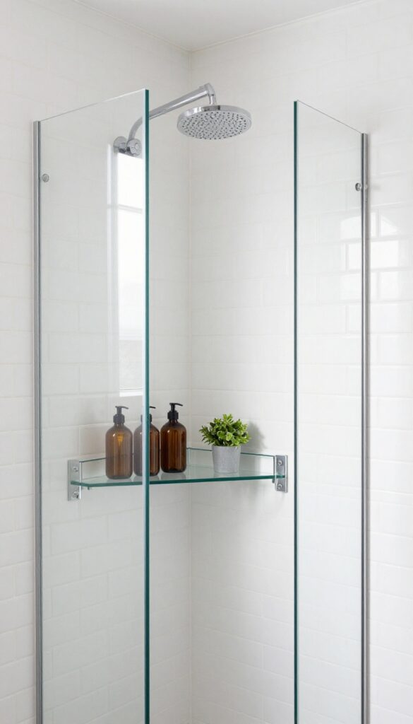 Modern shower corner with glass shelves holding toiletries and a plant, illuminated by natural light