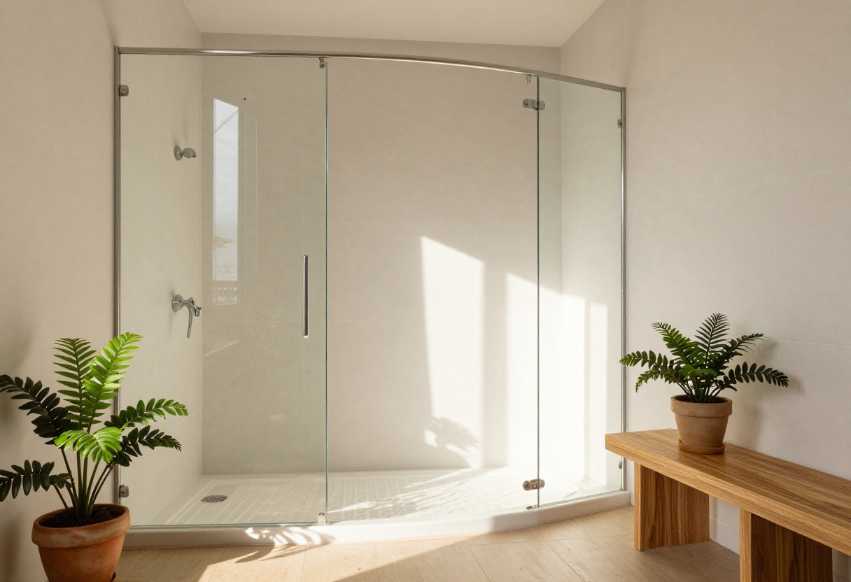 Modern shower-over-bath with glass screen, teak bench, and plants