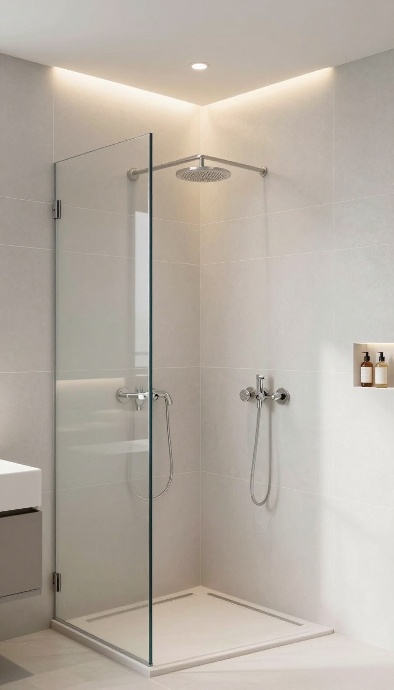 Modern shower with recessed lighting and soft glow