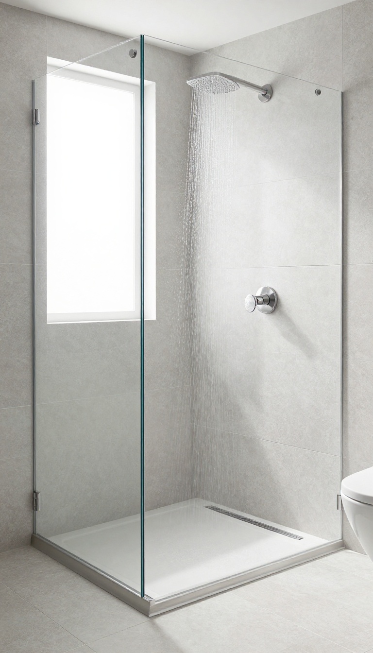 Modern walk-in shower with a linear drain and large stone tiles