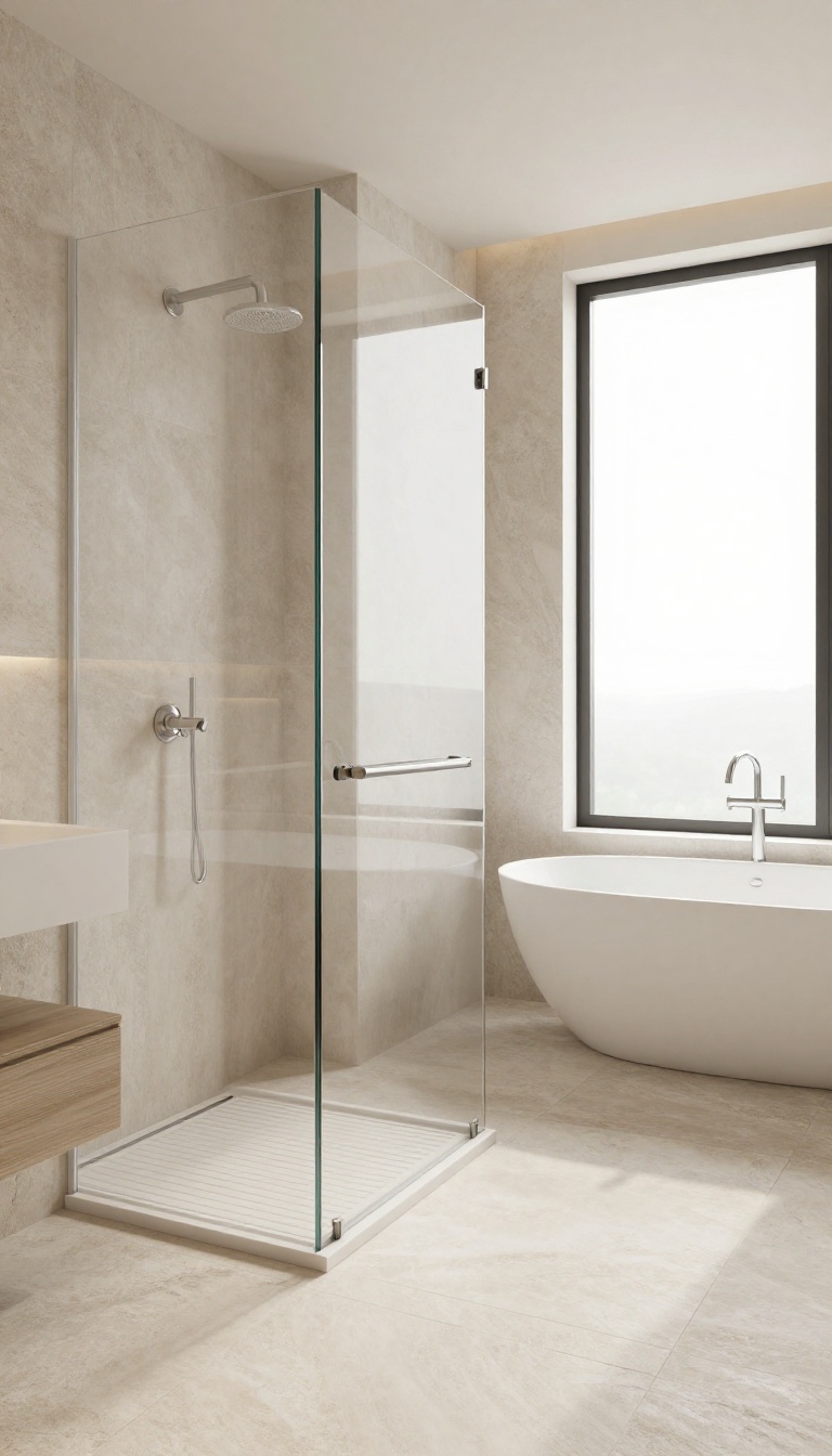 Walk-in shower with a single fixed glass pane in a modern bathroom, featuring a wet-room layout, freestanding tub, and bright natural light.