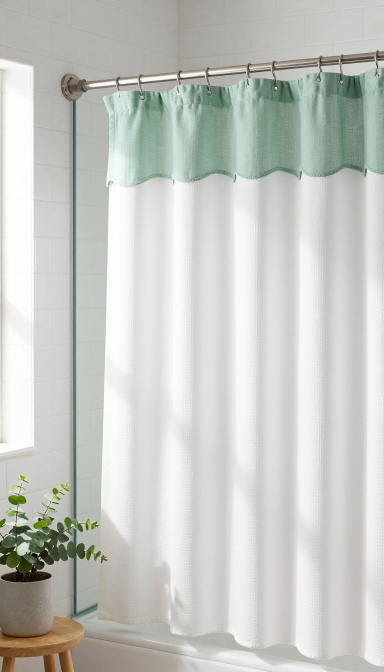 Bright bathroom with white subway tile, waffle shower curtain, and sage green scalloped valance, natural light, clean and polished look