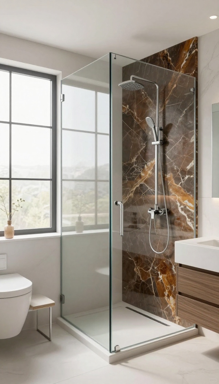 Modern bathroom with onyx shower wall and clear glass panel, bright natural light, minimalist design